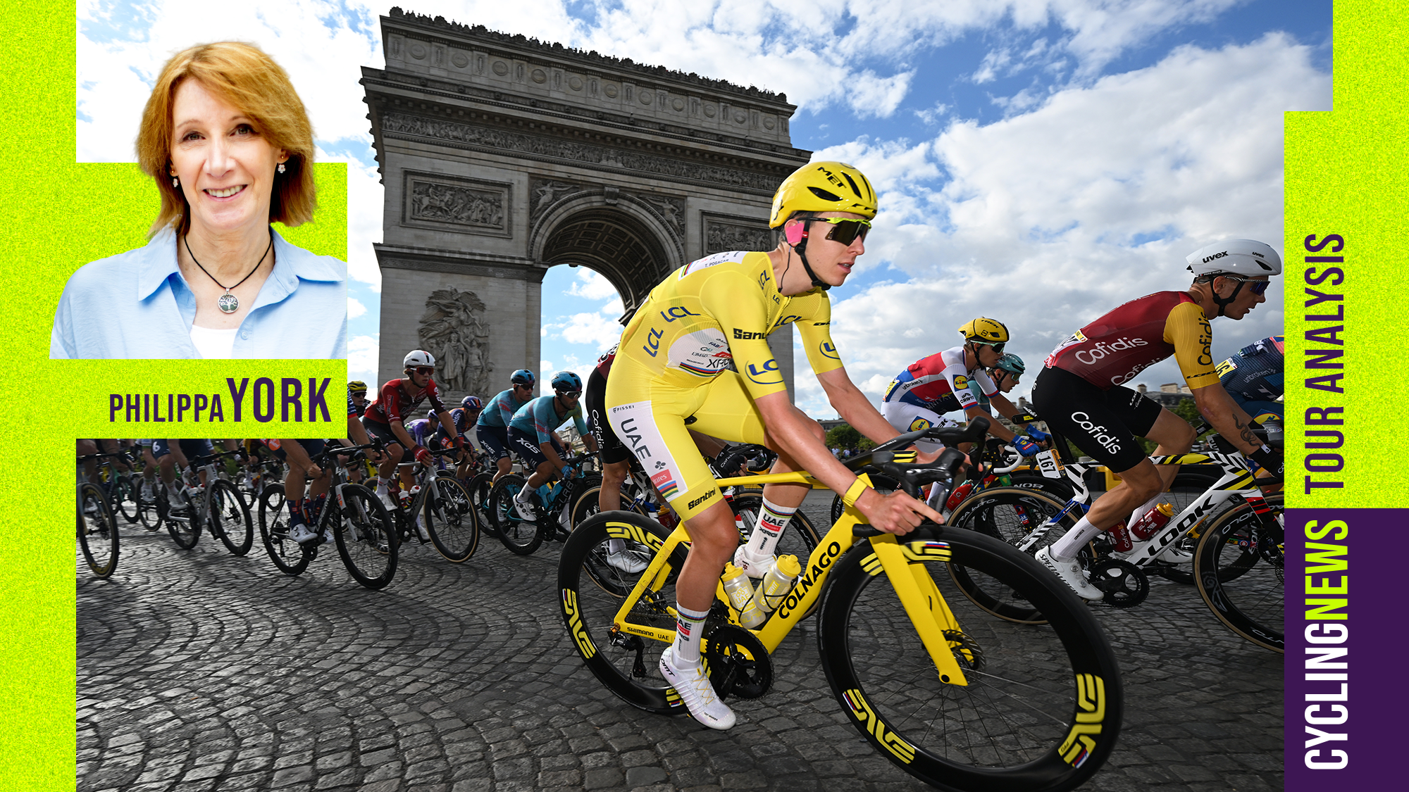 Tadej Pogačar rides past the Arc de Triomphe during stage 21 of the Tour de France, with Philippa York's profile photo overlaid on the left.