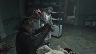 Leon attacks a zombie in the care center using a hatchet in Resident Evil Requiem