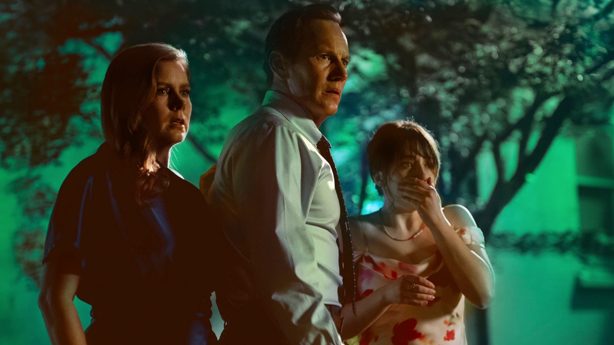 Amy Adams, Patrick Wilson and Lily Collias all looking shocked in Cape Fear. 