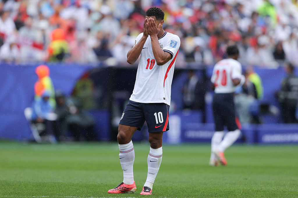 Jude Bellingham of England reacts after a missed chance during the FIFA World Cup 2026 Group L match between England and Ghana. (Photo by James Gill - Danehouse/Getty Images)