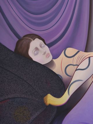 A sleeping woman rendered in a painting through a cartoony style rests her head between two curtain, one purple, one black.