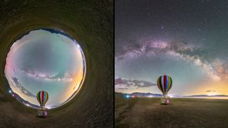 A side-by-side comparison shows two different images of a hot air ballon, one with a circular fisheye, one with a rectangular