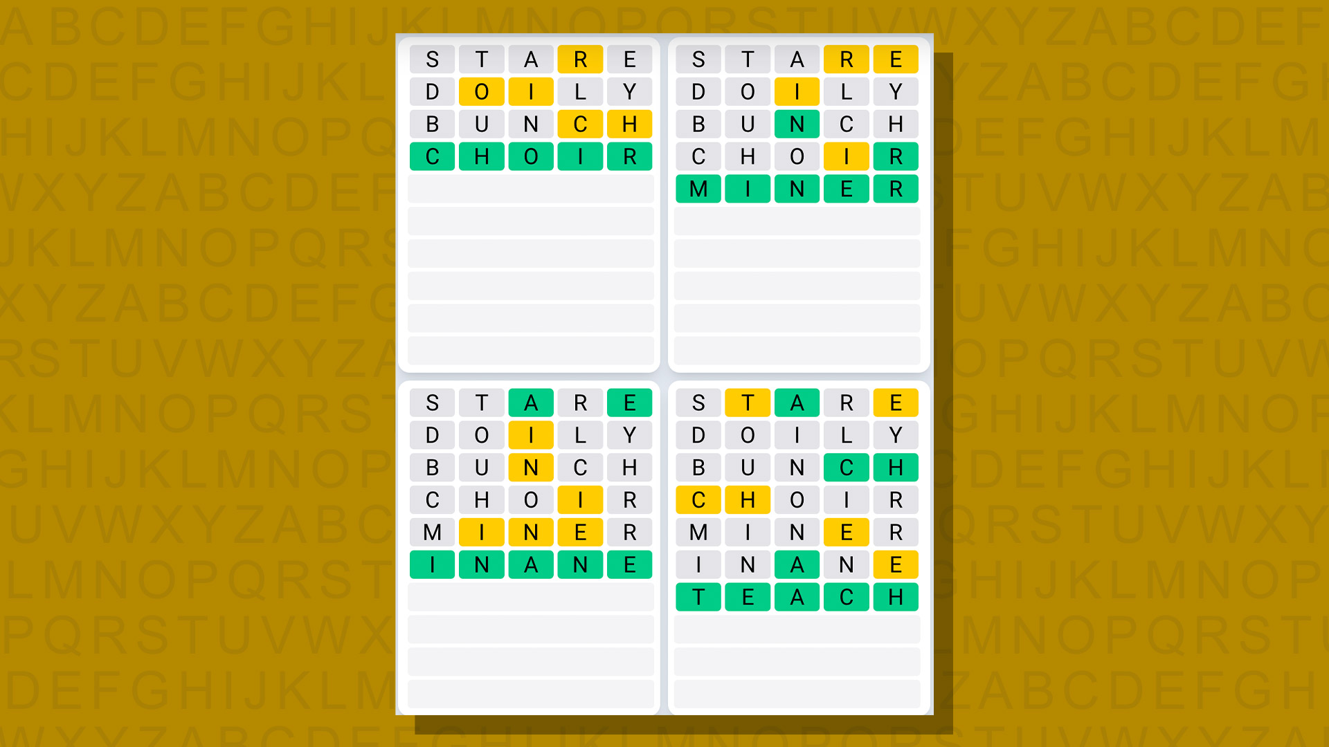 Quordle daily sequence answers for game 679 on yellow background