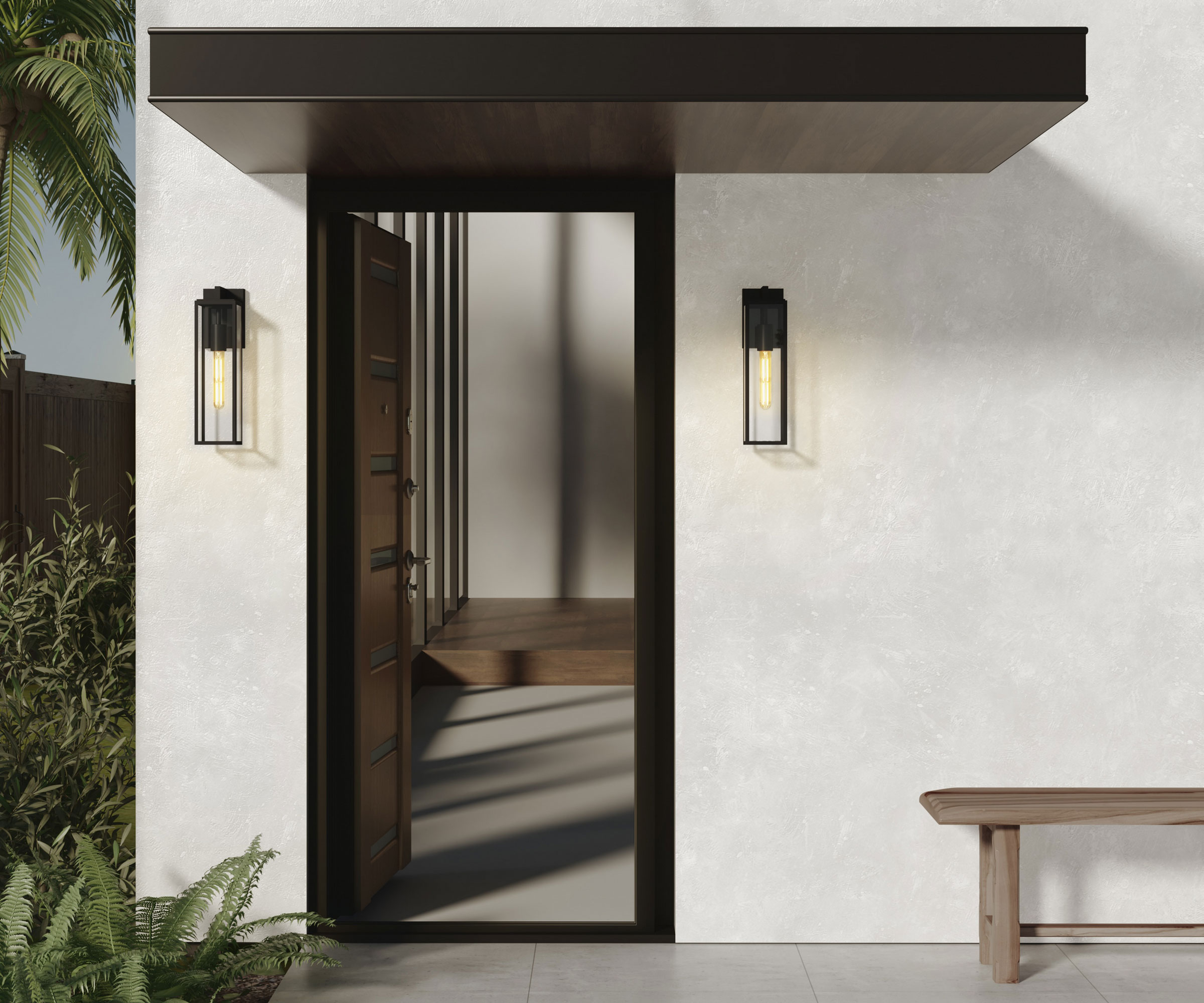 open front door, porch with wall lights, garden seat