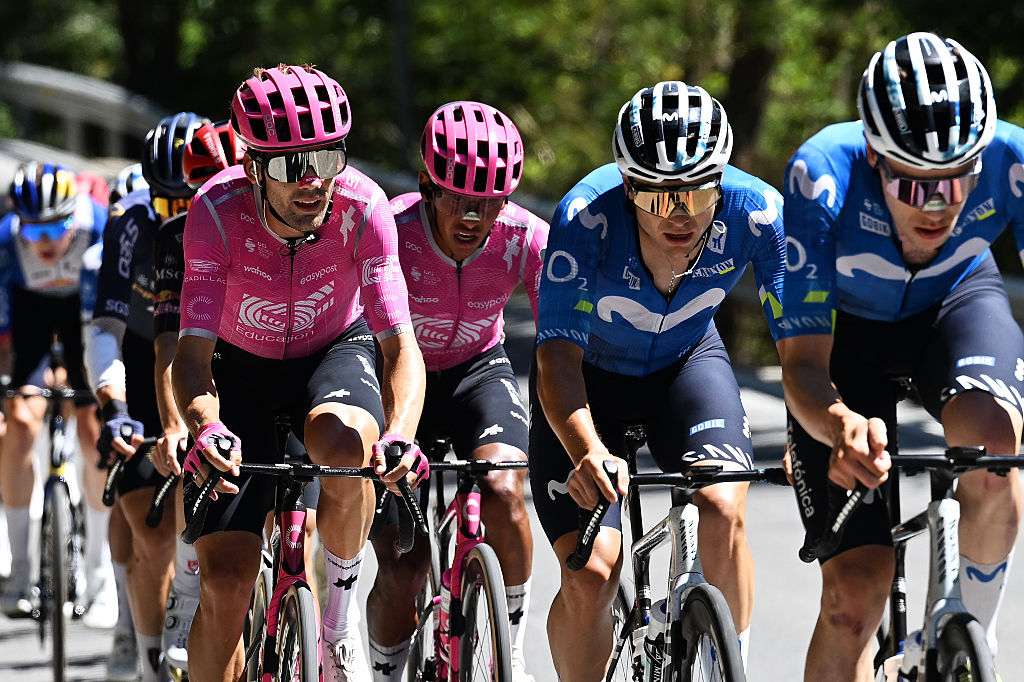 COLLADO DEL AGUACIL, SPAIN - SEPTEMBER 12: (L-R) Alastair Mackellar of Australia and Team EF Education - EasyPost and Raul Garcia Pierna of Spain and Movistar Team compete in the chase group during the La Vuelta - 81st Tour of Spain 2026, Stage 20 a 210.8km stage from La Calahorra to Collado del Alguacil 1887m / #UCIWT / on September 12, 2026 in Collado del Alguacil, Spain. (Photo by Tim de Waele/Getty Images)