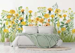 bedroom with a yellow flower wall mural