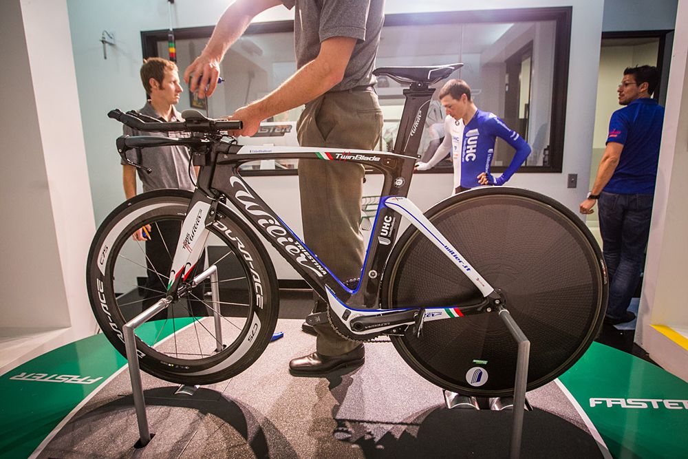 The UnitedHealthcare team's Wilier Twin Blade is adjusted for testing