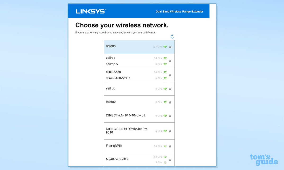 A setup menu screenshot for choosing the wireless network of the Linksys RE7350.