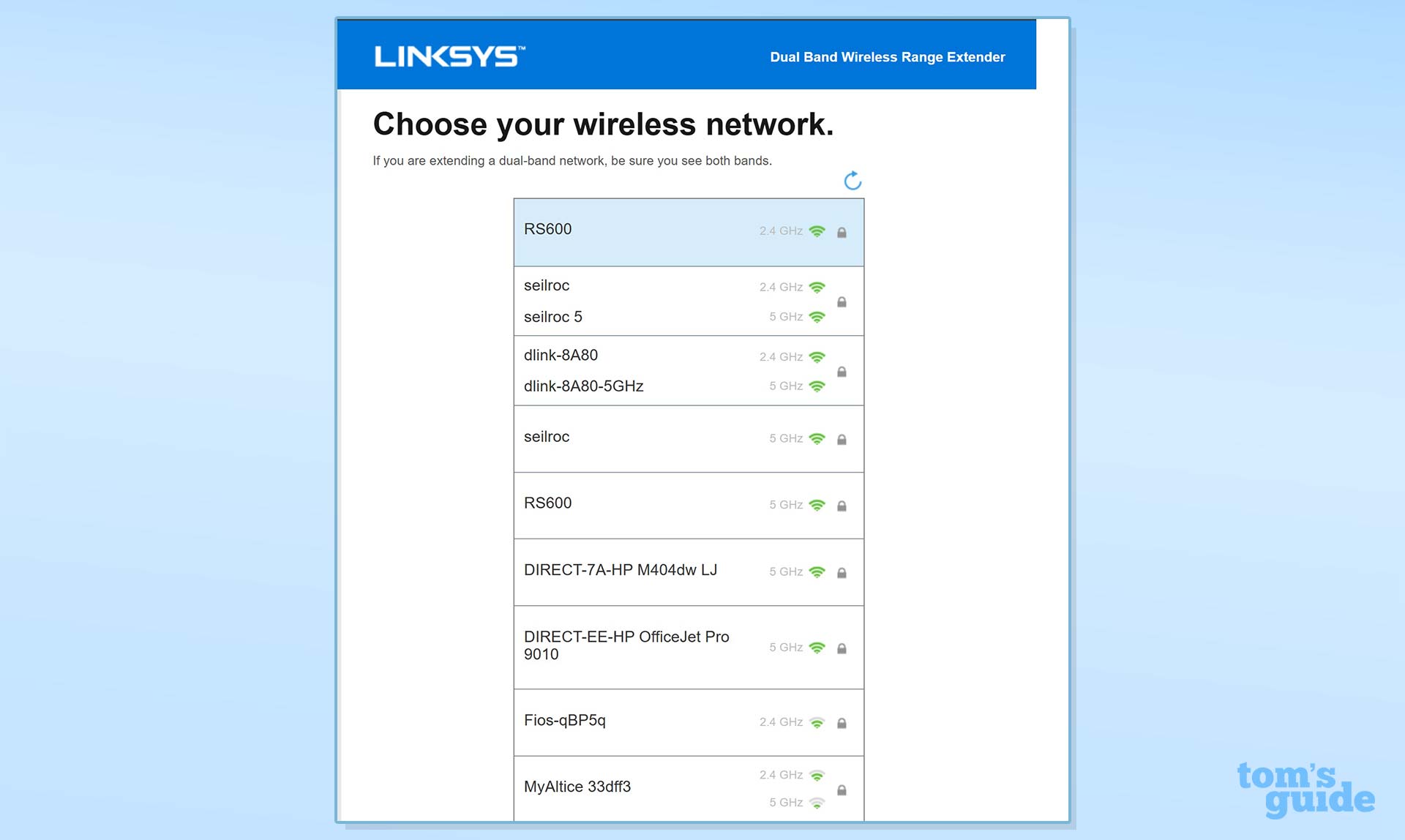 A setup menu screenshot for choosing the wireless network of the Linksys RE7350.