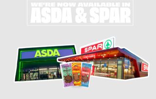 MrBeast Feastables bars pictured alongside images of Spar and Asda stores