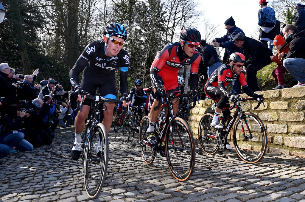 Luke Rowe (Team Sky) rides the Muur next to BMC duo Marcus Burghardt and Danilo Wyss