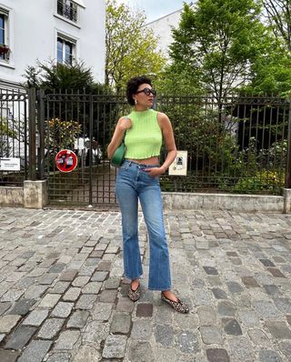 mid blue flared jeans with leopard print flats