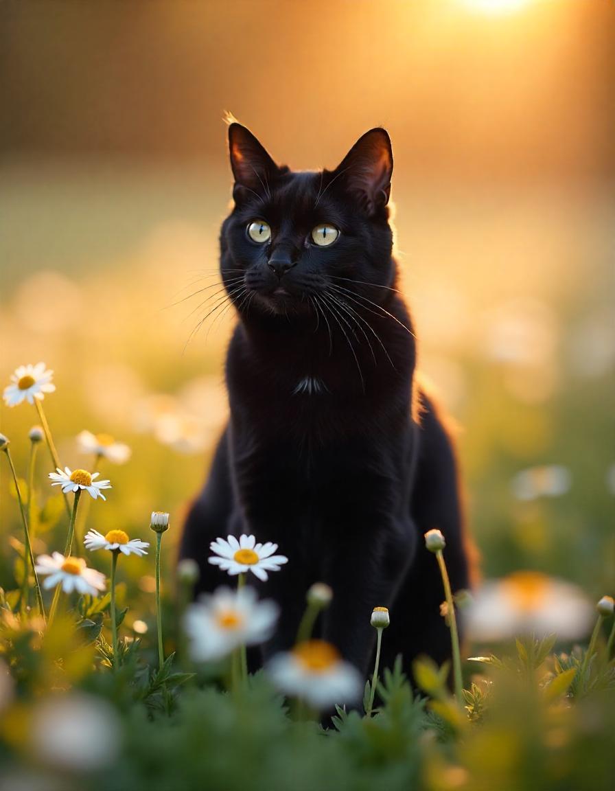black cat with daisies