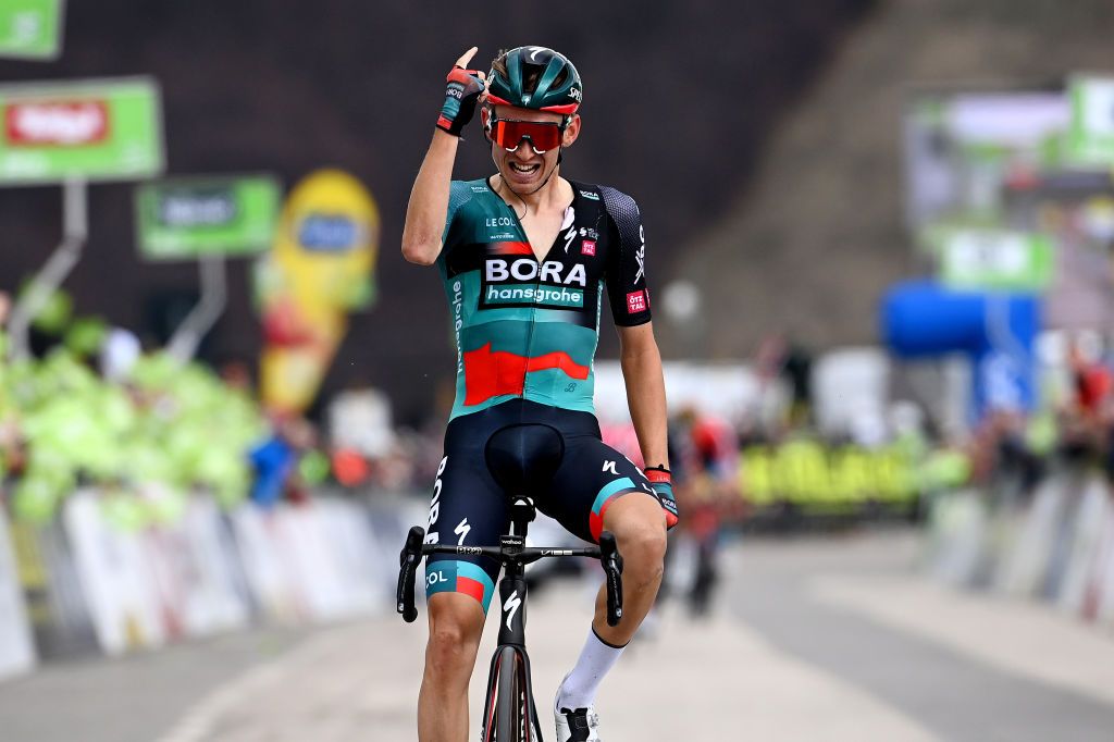BRENTONICO SAN VALENTINO ITALY APRIL 19 Lennard Kmna of Germany and Team BORAHansgrohe celebrates at finish line as stage winner during the 46th Tour of the Alps 2023 Stage 3 a 1625km stage from Ritten to Brentonico San Valentino 1321m on April 19 2023 in Brentonico San Valentino Italy Photo by Tim de WaeleGetty Images