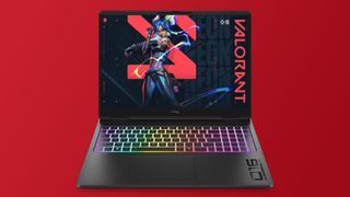 A HyperX Omen Max 16 gaming laptop on a red gradient background