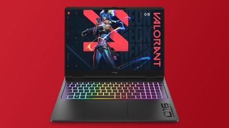 A HyperX Omen Max 16 gaming laptop on a red gradient background