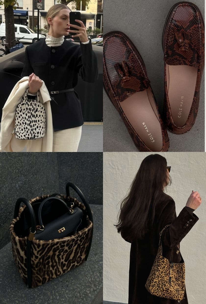 close-up shots of a cream and black Dalmatian bag, burgundy snake-print loafers, leopard-print bucket bag with a small leather bag inside, and a YSL leopard-print tote bag