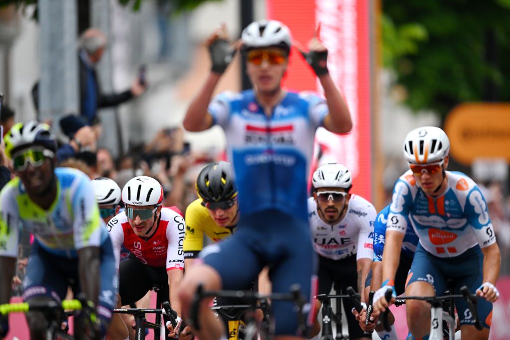 FOSSANO ITALY MAY 06 Stanislaw Aniolkowski of Poland and Team Cofidis crosses the finish line during the 107th Giro dItalia 2024 Stage 3 a 166km stage from Novara to Fossano 374m UCIWT on May 06 2024 in Fossano Italy Photo by Tim de WaeleGetty Images