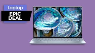 Dell XPS 13 in sky blue colorway against purple background with epic deals text