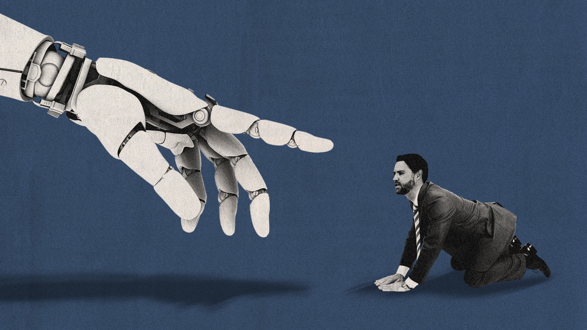 Photo collage of JD Vance kneeling in front of a giant robot hand