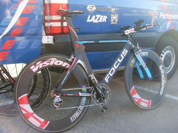A peak at the team's time trial machine.