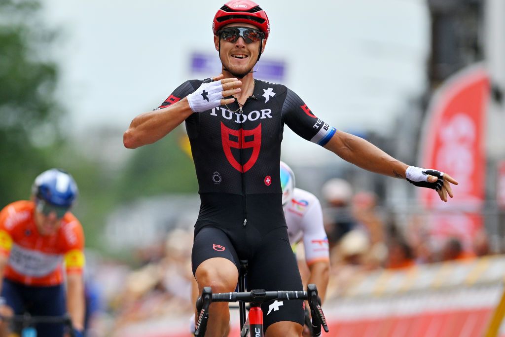 HERVE BELGIUM JULY 25 Matteo Trentin of Italy and Tudor Pro Cycling Team celebrates at finish line as stage winner during the 45th Tour de Wallonie 2024 Stage 4 a 18851km stage from Verviers to Herve on July 25 2024 in Herve Belgium Photo by Luc ClaessenGetty Images