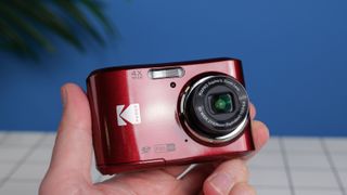 A cherry red Kodak PIXPRO FZ45 compact digital camera