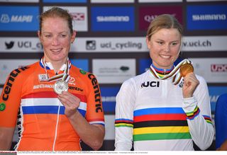 Kirsten Wild (Netherlands) with the silver medal beside new world champion Amalie Dideriksen (Denmark)