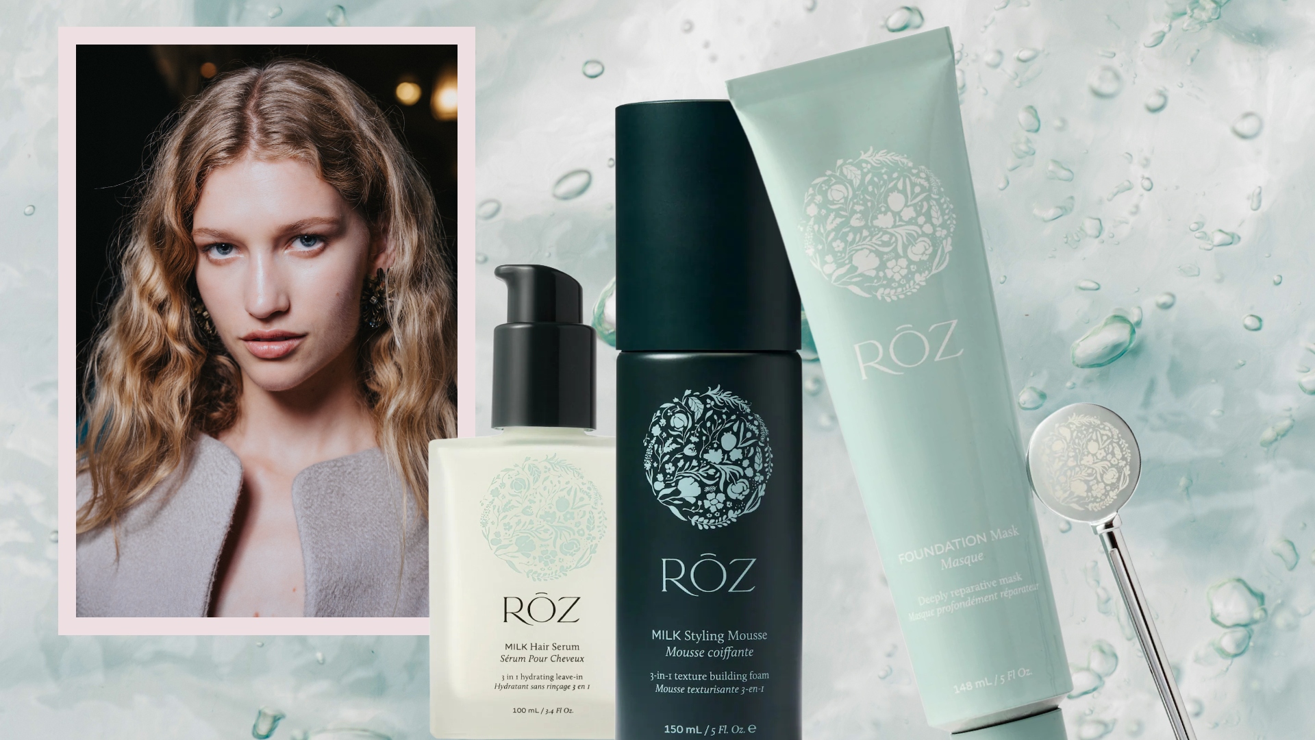 girl with air dried blonde hair on a green sudsy background next to blue roz hair products