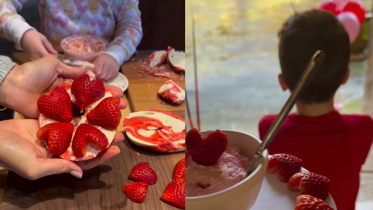 Princess Lilibet and Meghan Markle making strawberry bagels next to a picture of the back of Prince Archie facing a door 