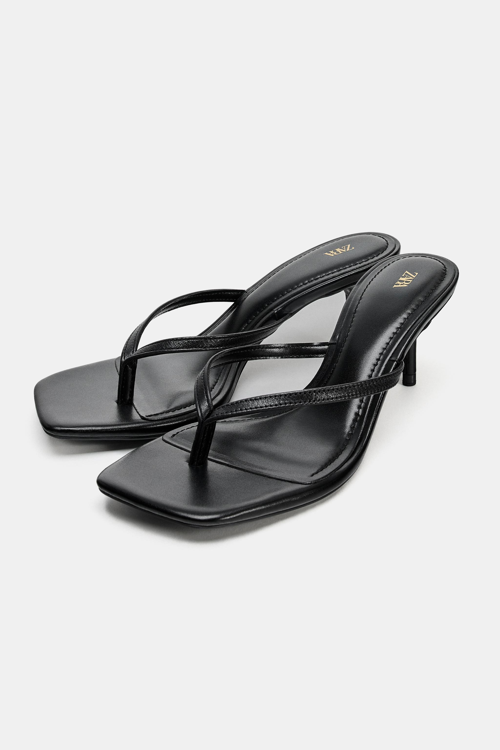 Leather Strappy Heel Sandals - Black - 2