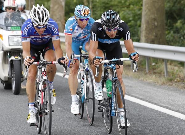 The stage 13 breakaway: Sylvain Chavanel (Quick Step), Jerome Pineau (Bbox Bouygues Telecom) and Juan Antonio Flecha (Sky)