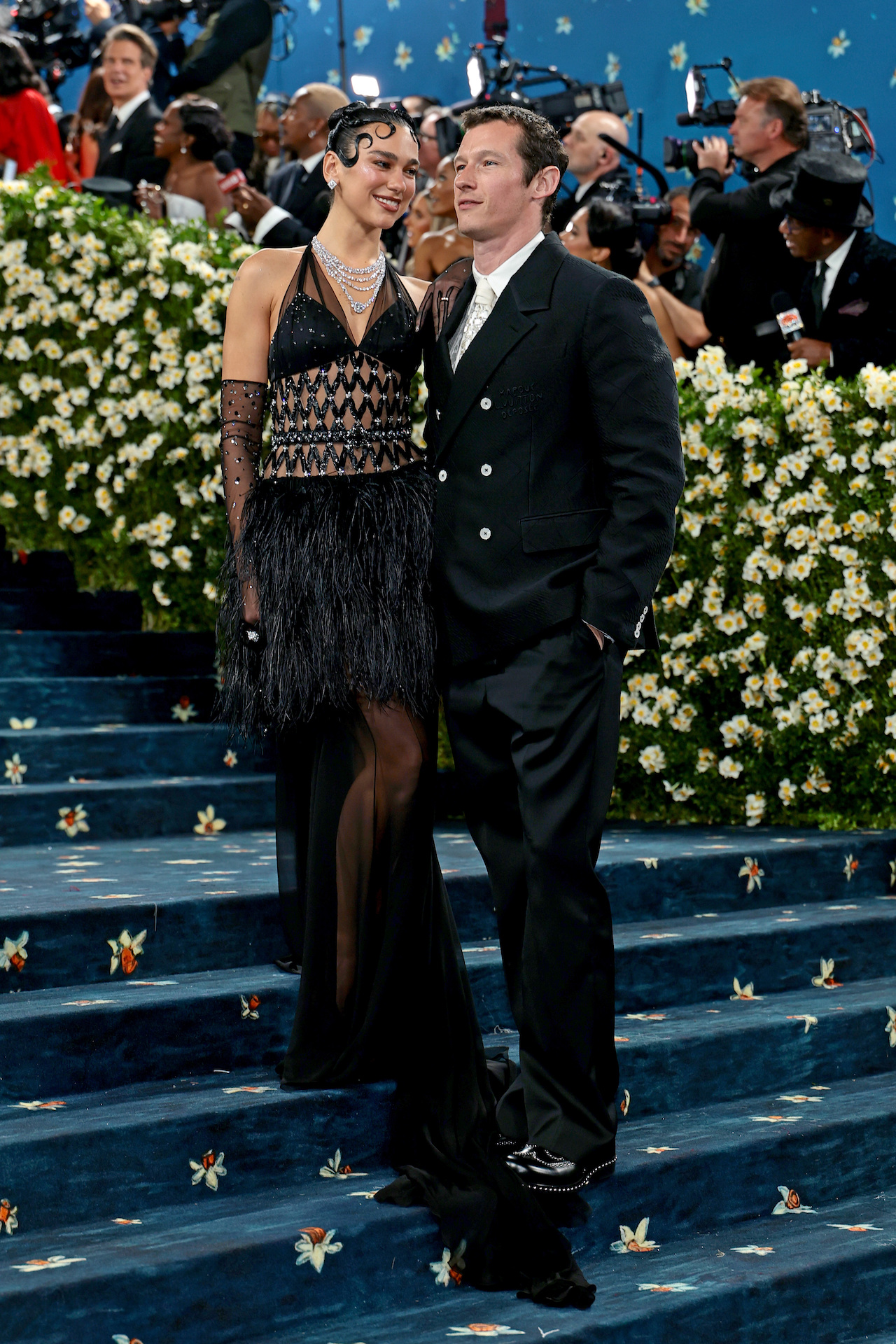 NEW YORK, NEW YORK - MAY 05: (L-R) Dua Lipa and Callum Turner attend the 2025 Met Gala Celebrating "Superfine: Tailoring Black Style" at Metropolitan Museum of Art on May 05, 2025 in New York City. (Photo by Dimitrios Kambouris/Getty Images for The Met Museum/Vogue)