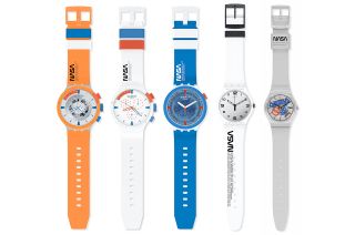 Swatch's Space Collection includes (from left to right): Big Bold Chrono Launch, Big Bold Chrono Extravehicular, Big Bold Jumpsuit, Space Race Gent and Take Me to the Moon New Gent models. All five include wristbands emblazoned with NASA's "worm" logotype.