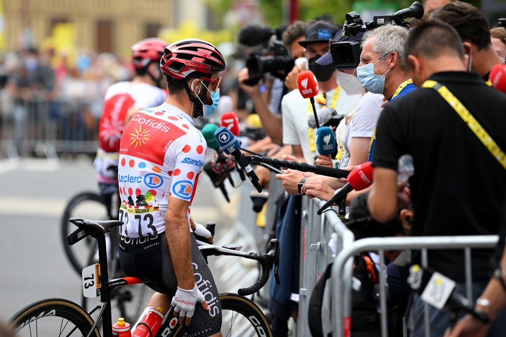CAHORS FRANCE JULY 22 Simon Geschke of Germany and Team Cofidis Polka Dot Mountain Jersey speaks to the media press prior to the 109th Tour de France 2022 Stage 19 a 1883km stage from CastelnauMagnoac to Cahors TDF2022 WorldTour on July 22 2022 in Cahors France Photo by Dario BelingheriGetty Images