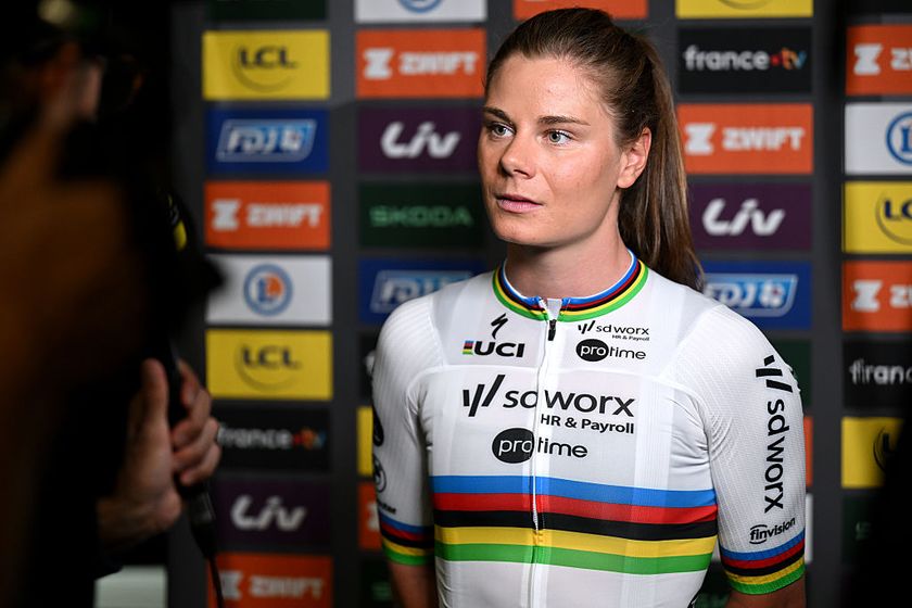 VANNES, FRANCE - JULY 25: Lotte Kopecky of Belgium and Team SD Worx - Protime during the Top Riders Press Conference prior to the 4th Tour de France Femmes 2025 / #UCIWWT / on July 25, 2025 in Vannes, France. (Photo by Szymon Gruchalski/Getty Images)