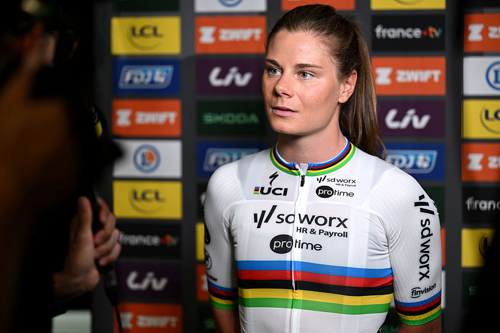 VANNES, FRANCE - JULY 25: Lotte Kopecky of Belgium and Team SD Worx - Protime during the Top Riders Press Conference prior to the 4th Tour de France Femmes 2025 / #UCIWWT / on July 25, 2025 in Vannes, France. (Photo by Szymon Gruchalski/Getty Images)