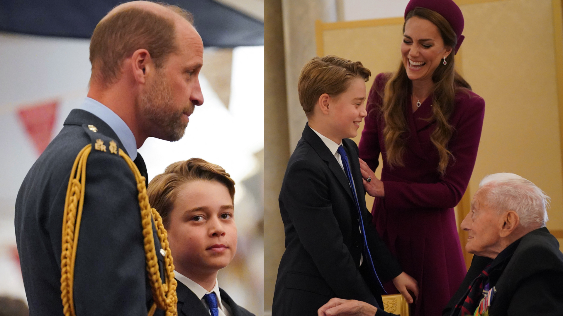 Prince William and Prince George standing next to each other and a photo of Princess Kate laughing putting her arm on George's shoulder, who is chatting to a WWII veteran
