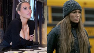 From left to right: Kim Kardashian in The Kardashians and Jennifer Lopez wearing a beanie in The Mother. 