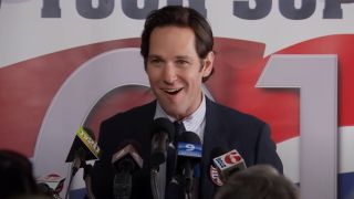 Paul Rudd talking into a bunch of microphones on Parks and Recreation