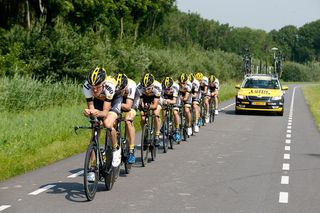 Robert Gesink takes a turn on the front during a LottoNL-Jumbo training ride in Utrecht