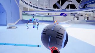 Screenshot from the Orion Drift trailer showing robots playing soccer