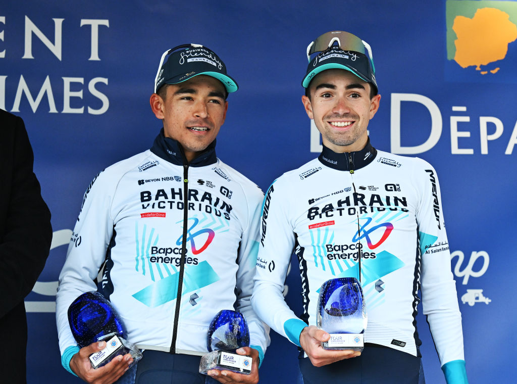 VENCE FRANCE FEBRUARY 23 LR Santiago Buitrago of Colombia and Lenny Martinez of France and Team Bahrain Victorious celebrates at podium as best team during the 57th Tour des Alpes Maritimes et du Var 2025 Stage 2 a 1318km stage from VillefranchesurMer to Vence 327m on February 23 2025 in Vence France Photo by Billy CeustersGetty Images