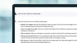 A laptop screen showing a person asking the Google Bard chatbot for therapy advice