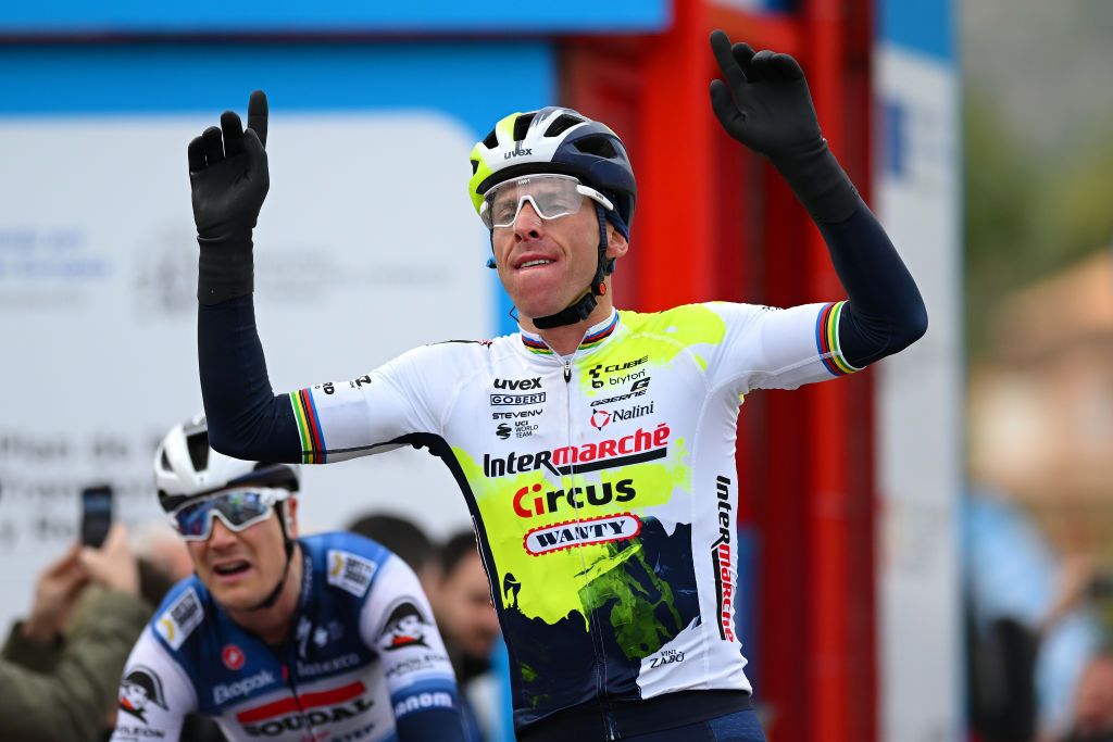 PALMANOVA SPAIN JANUARY 25 Rui Costa of Portugal and Team IntermarcheCircus celebrates at finish line as race winner ahead of Louis Vervaeke of Belgium and Team SoudalQuick Step during the 32nd Challenge Ciclista Mallorca 2023 Trofeo Calvia a 1501km one day race from Palmanova to Palmanova TrofeuCalvi ChallengeMallorca on January 25 2023 in Palmanova Spain Photo by Dario BelingheriGetty Images