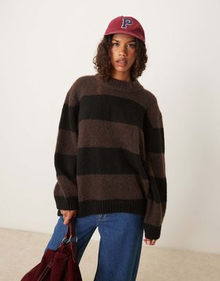 Asos Design Oversized Crew Neck Jumper in Brown Stripe