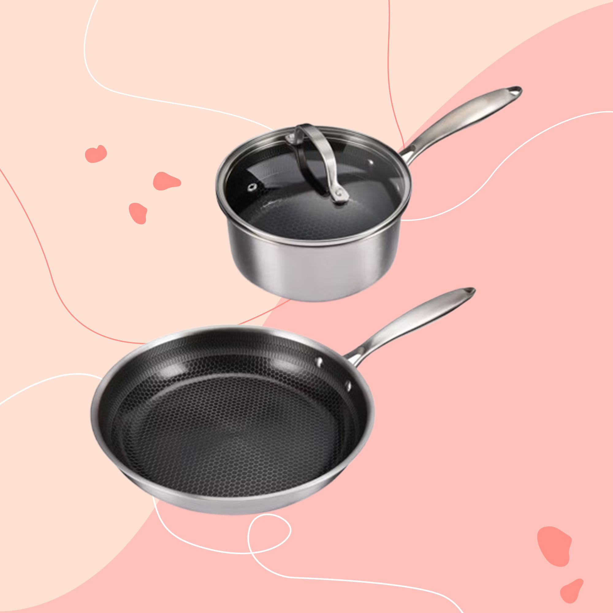 Aldi's Tri-Ply pans on a pink background