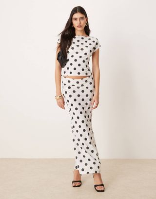 ASOS Design Polka Dot Print Dry Handle Ribbed Maxi Low Rise Skirt