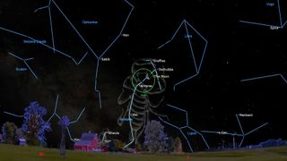An illustration of the night sky on Feb. 14 showing the half moon shining near Antares.