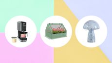 Walmart sale items including an ice cream maker, raised garden bed with greenhouse attachment and a mushroom lamp on a summery pastel multicolored background